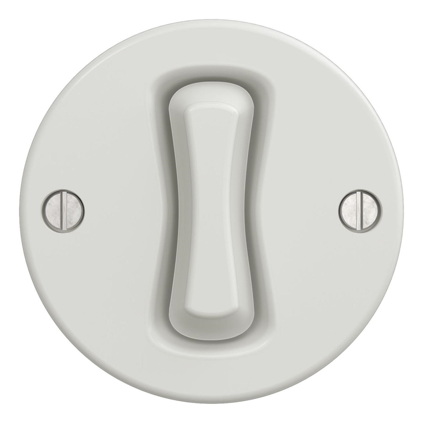 Svetlošedý vypínač s pákovým ovládaním je pripevnený k stene dvoma striebornými skrutkami. Pákový ovládač je umiestnený v strede okrúhleho puzdra.