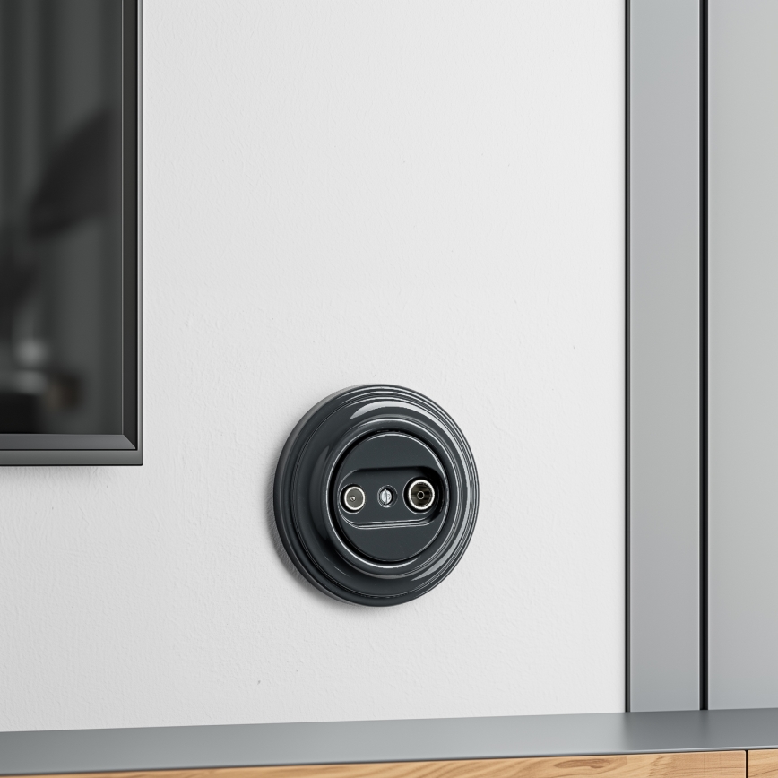 Kliklap - Retro účastnícka zásuvka TV+R (priebežná) s antracitovým rámikom