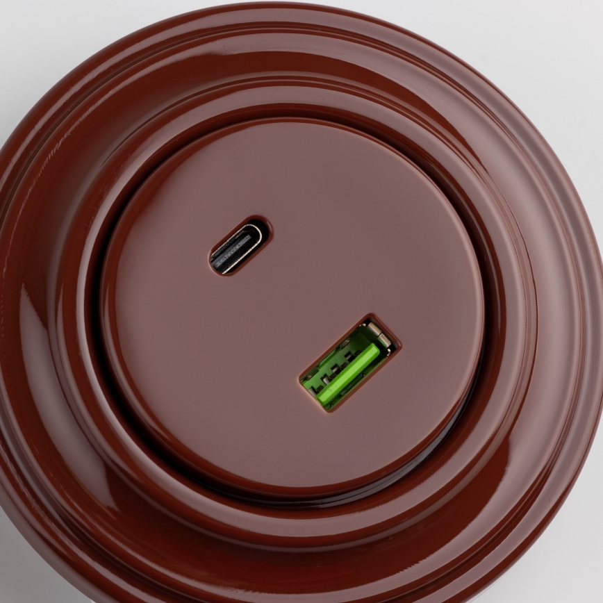 Kliklap - Retro USB zásuvka A+C s rámikom, hnedá