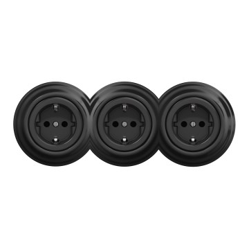 Kliklap - Trojitá retro domová zásuvka s rámčekom SCHUKO 230V čierna