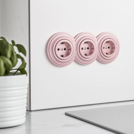Kliklap - trojitá retro domová zásuvka s rámčekom SCHUKO 230V staroružová