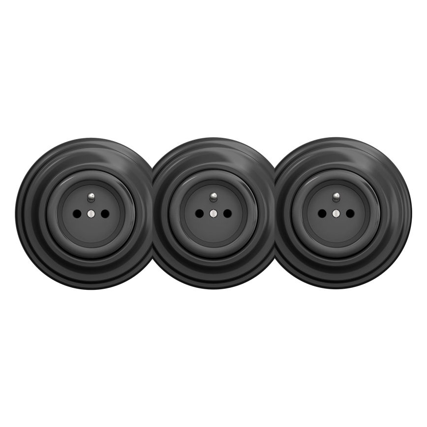 Kliklap - Trojitá retro domová zásuvka s rámikom 230V antracit