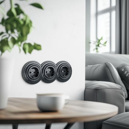 Kliklap - Trojitá retro domová zásuvka s rámikom SCHUKO 230 V, antracitová