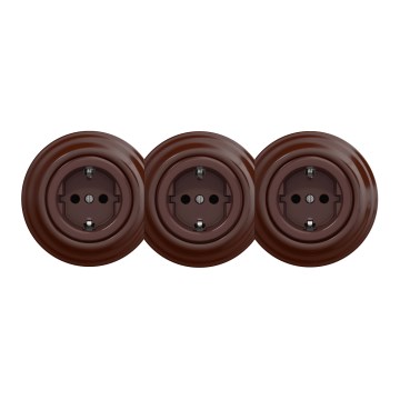 Kliklap - Trojitá retro domová zásuvka s rámikom SCHUKO 230 V hnedá