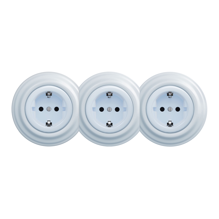 Kliklap - Trojitá retro domová zásuvka s rámikom SCHUKO 230V modrá