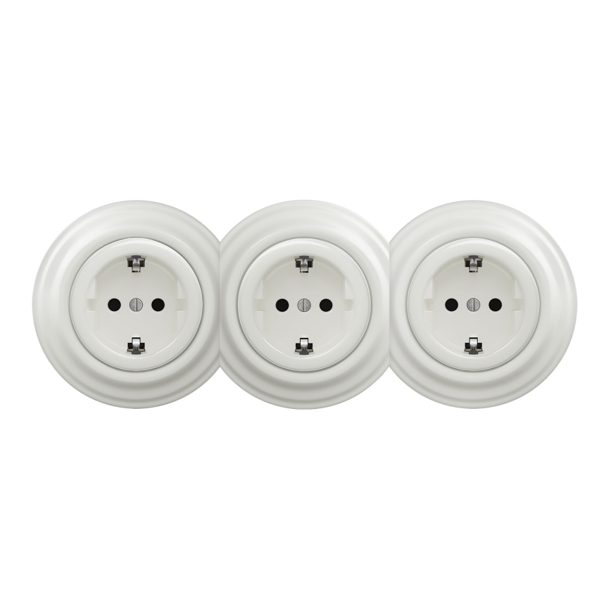Kliklap - trojitá retro domová zásuvka so rámikom SCHUKO 230 V, biela