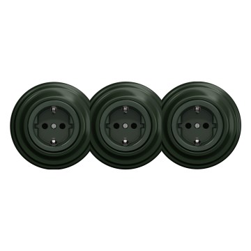 Kliklap - trojitá retro zásuvka do domácnosti s rámikom, SCHUKO, 230 V, zelená