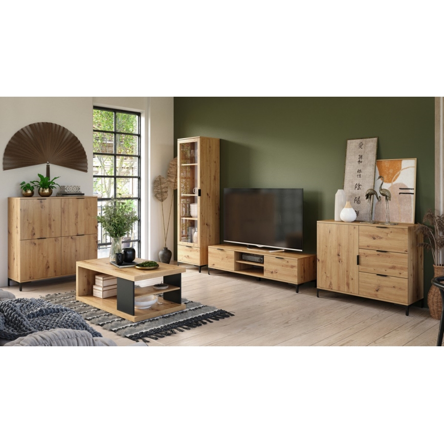 Konferenčný stolík s policou a úložným priestorom LORA dub artisan/čierna