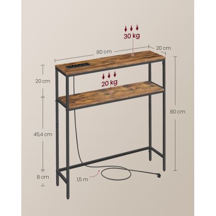 Konzolový stolík s vstavanými zásuvkami a USB portami LUVOR 80x20 cm hnedá/čierna