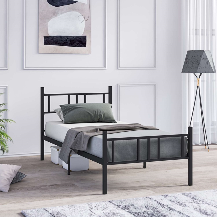 Kovová jednolôžková posteľ PIRON 90x200 cm, čierna, nosnosť 120 kg