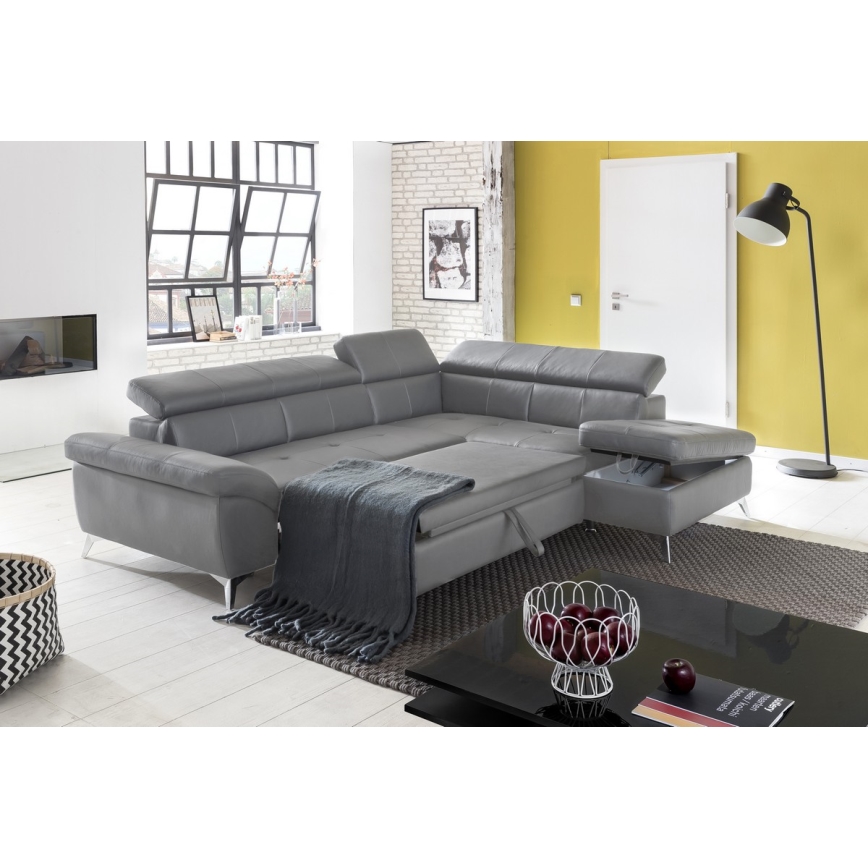 Rozkladacia kožená rohová sedacia súprava do L SALERNO II pravá sivá