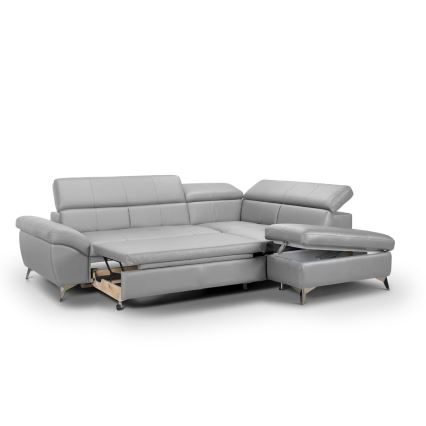 Rozkladacia kožená rohová sedacia súprava do L SALERNO II pravá sivá