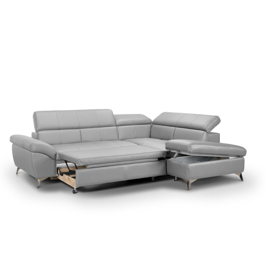 Rozkladacia kožená rohová sedacia súprava do L SALERNO II pravá sivá