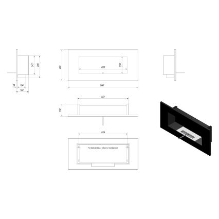 Kratki - Vstavaný BIO krb 40x90 cm 2kW čierna