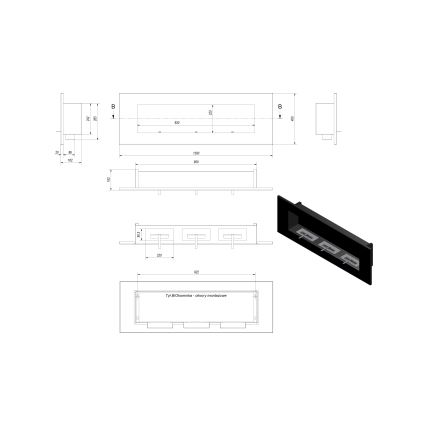 Kratki - Vstavaný BIO krb 40x120 cm 3x1,1kW čierna