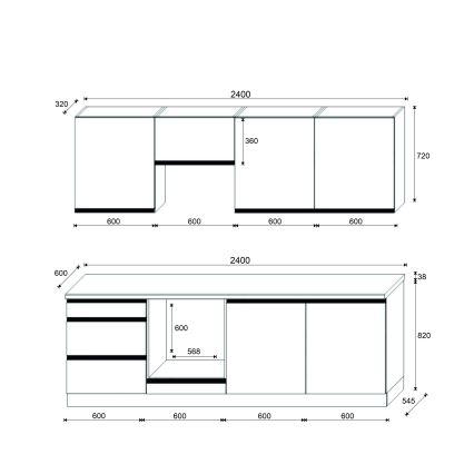 Kuchynská linka MARINA 240 cm dub craft/lesklá čierna