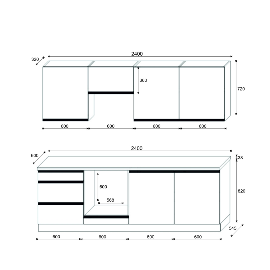 Kuchynská linka MARINA 240 cm dub craft/lesklá čierna