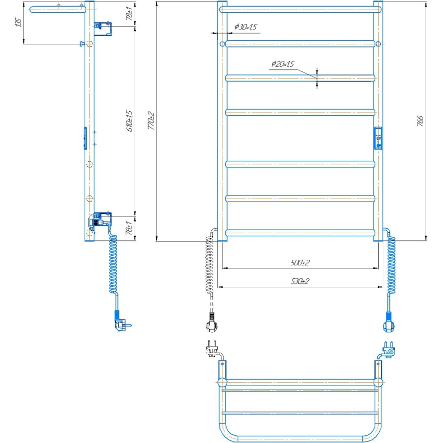 Kúpeľňový rebríkový radiátor HOME 95W/230V 77x53 cm nerez/chróm pravý