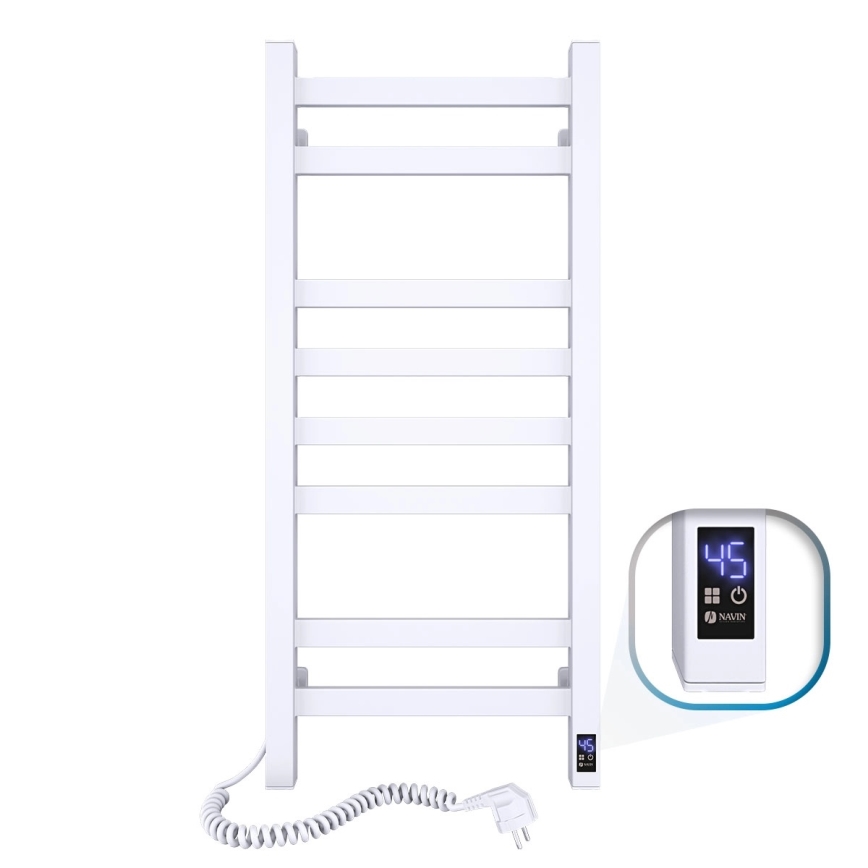 Kúpeľňový rebríkový radiátor s termostatom AVANGARD, 251W/230V, 80,6 cm, IP44, biely, ľavé pripojenie, hranatý