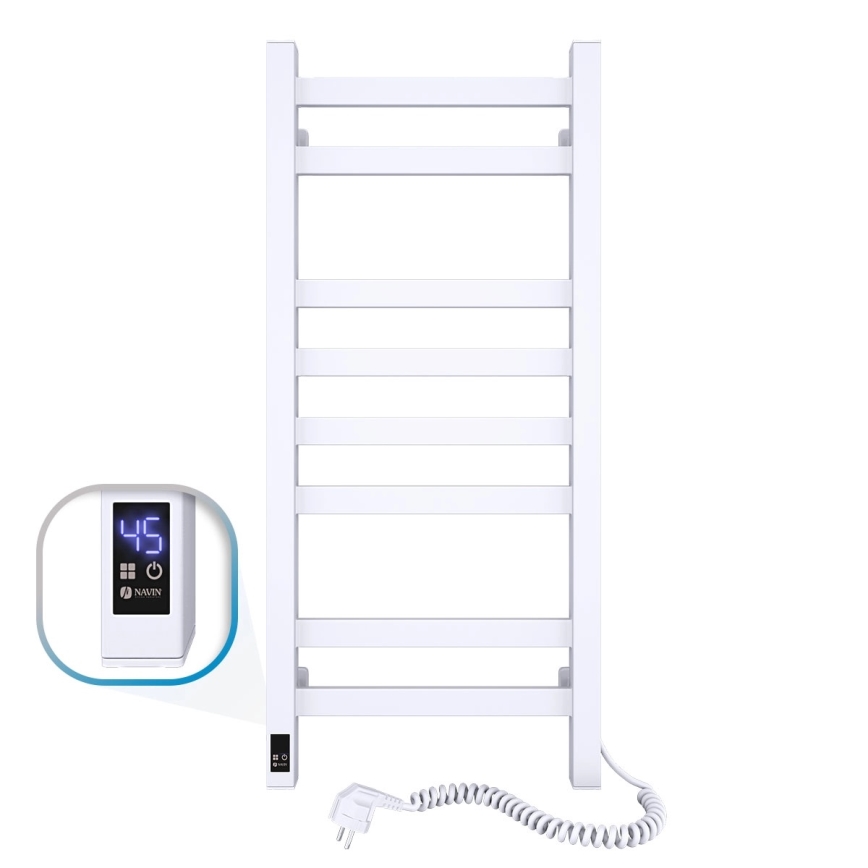 Kúpeľňový rebríkový radiátor AVANGARD s termostatom, 251 W/230 V, výška 80,6 cm, IP44, biely, pravostranné prevedenie, hranatý