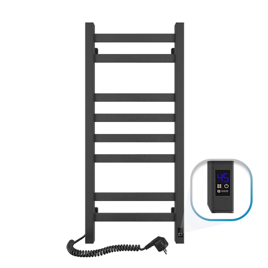 Kúpeľňový rebríkový radiátor s termostatom AVANGARD 251W/230V 80,6 cm IP44, čierny, ľavý, hranatý