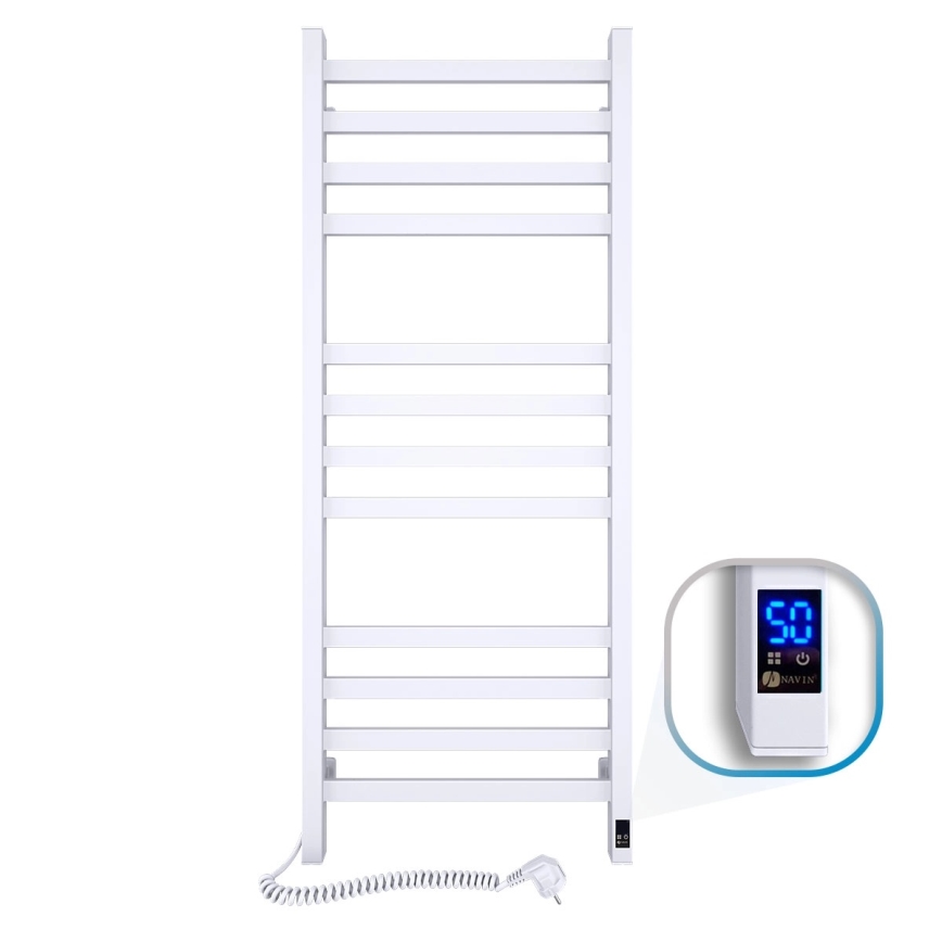 Kúpeľňový rebríkový radiátor s termostatom AVANGARD 459W/230V 120,6 cm IP44, biely, ľavý, hranatý