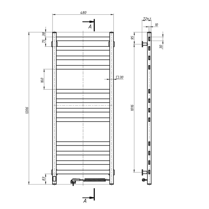 Kúpeľňový rebríkový radiátor s termostatom AVANGARD 459 W/230 V 120,6 cm IP44 biely pravý hranatý