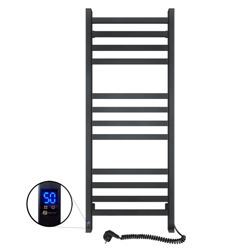 Kúpeľňový rebríkový radiátor s termostatom AVANGARD 459W/230V 120,6 cm IP44 čierny pravostranný hranatý