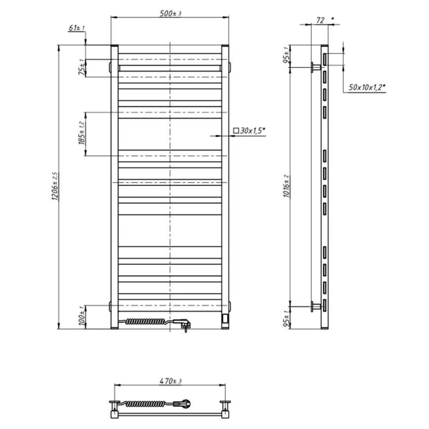 Kúpeľňový rebríkový radiátor s termostatom LARGO 541W/230V 120,6 cm IP44 čierny ľavostranný hranatý