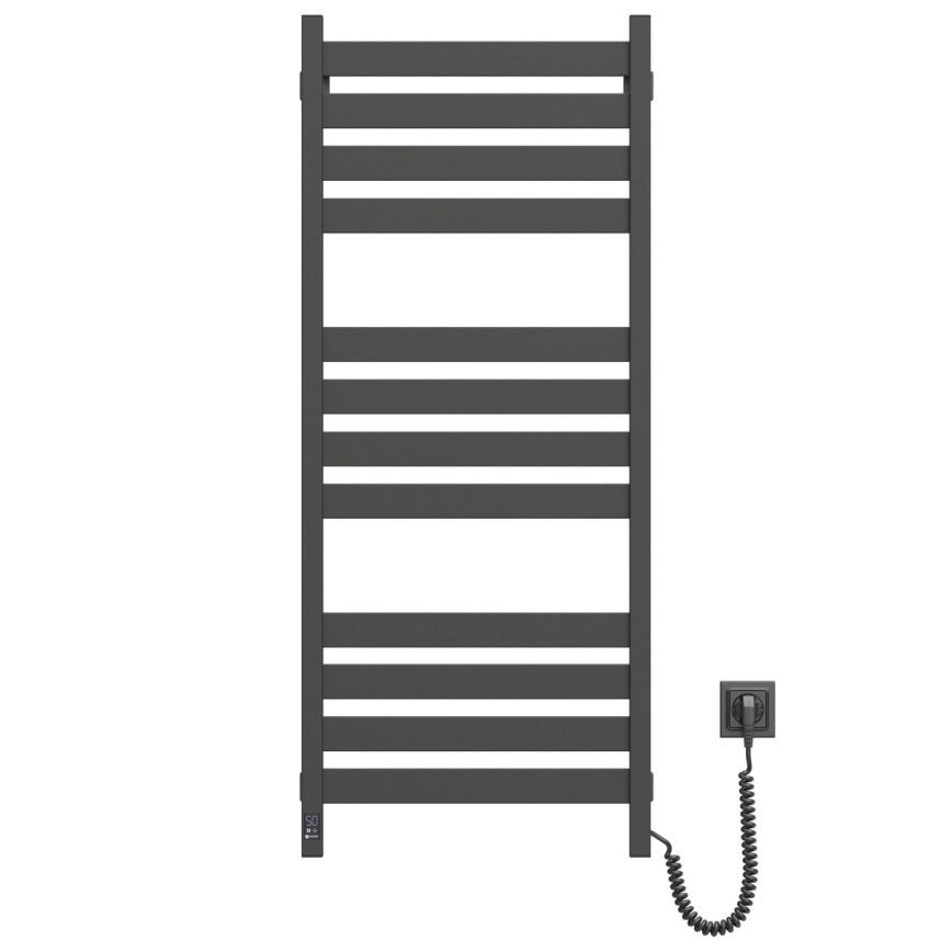 Kúpeľňový rebríkový radiátor s termostatom LARGO 541W/230V 120,6 cm IP44, čierny, pravostranný, hranatý