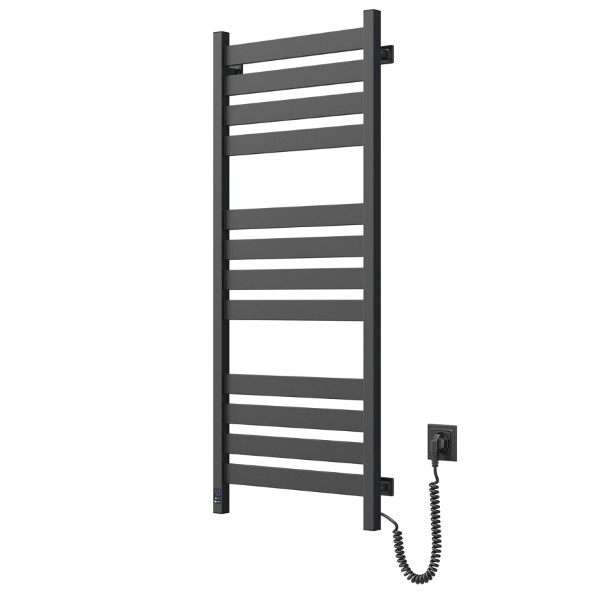 Kúpeľňový rebríkový radiátor s termostatom LARGO 541W/230V 120,6 cm IP44, čierny, pravostranný, hranatý