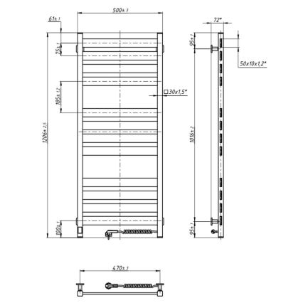 Kúpeľňový rebríkový radiátor s termostatom LARGO 541W/230V 120,6 cm IP44, čierny, pravostranný, hranatý