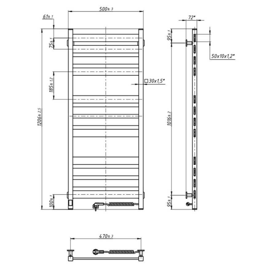 Kúpeľňový rebríkový radiátor s termostatom LARGO 541W/230V 120,6 cm IP44, čierny, pravostranný, hranatý