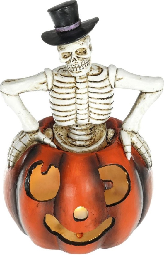 LED Dekorácia HALLOWEEN LED/2xLR44/teplá biela kostlivec v tekvici živica