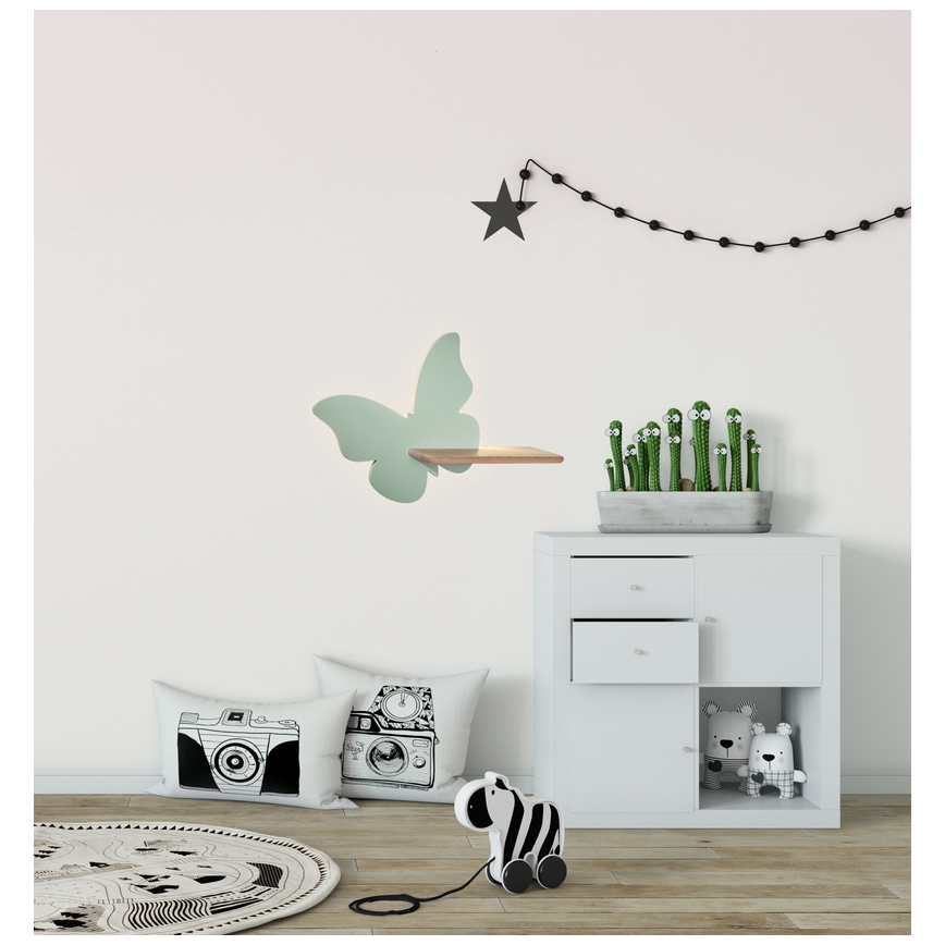 LED Detské nástenné svietidlo s poličkou BUTTERFLY LED/5W/230V zelená/drevo, FSC certifikované