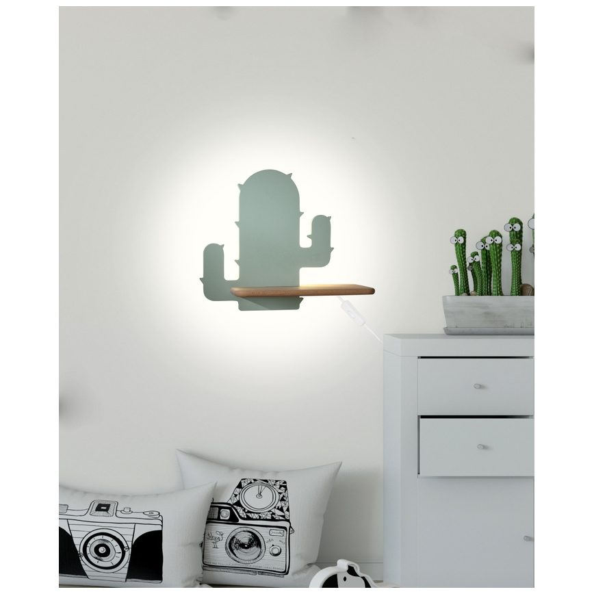 LED Detské nástenné svietidlo s poličkou CACTUS LED/4W/230V zelená/drevo, FSC certifikované