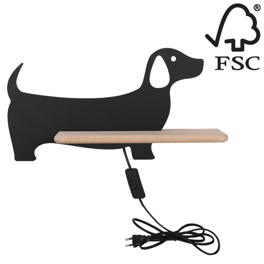 LED Detské nástenné svietidlo s poličkou DOG LED/5W/230V čierna/drevo