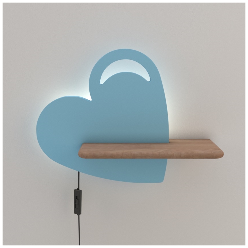 LED Detské nástenné svietidlo s poličkou HEART LED/5W/230V modrá/drevo