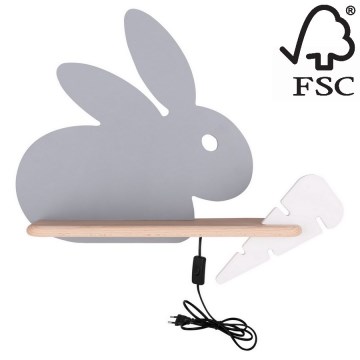 LED Detské nástenné svietidlo s poličkou RABBIT LED/4W/230V šedá/biela/drevo, FSC certifikované