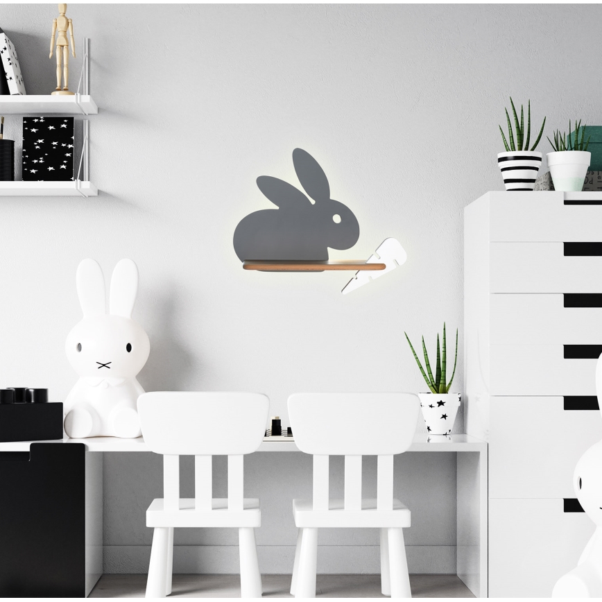LED Detské nástenné svietidlo s poličkou RABBIT LED/4W/230V šedá/biela/drevo, FSC certifikované