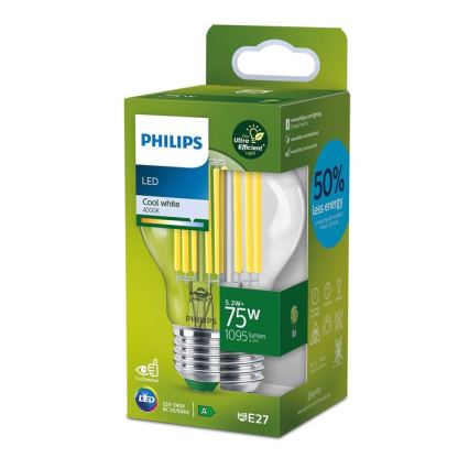 LED filamentová žiarovka Philips A60 E27/5,2W/230V 4000K