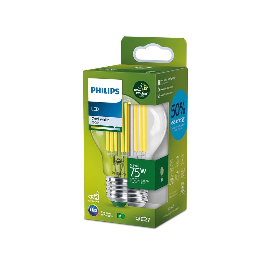 LED filamentová žiarovka Philips A60 E27/5,2W/230V 4000K