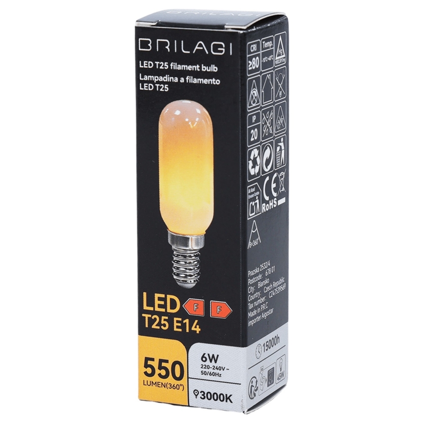 LED filamentová žiarovka T25 E14/6W/230V 3000K - BRILAGI