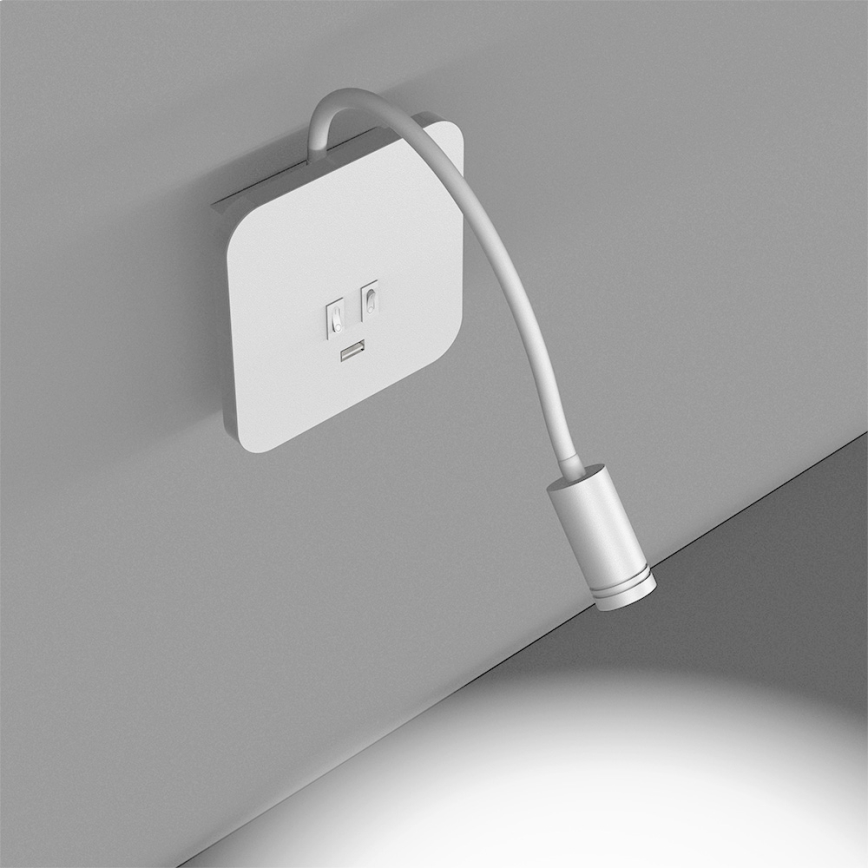 LED Flexibilná nástenná lampička s USB BASE 1xLED/8W + 1xLED/2W/230V biela