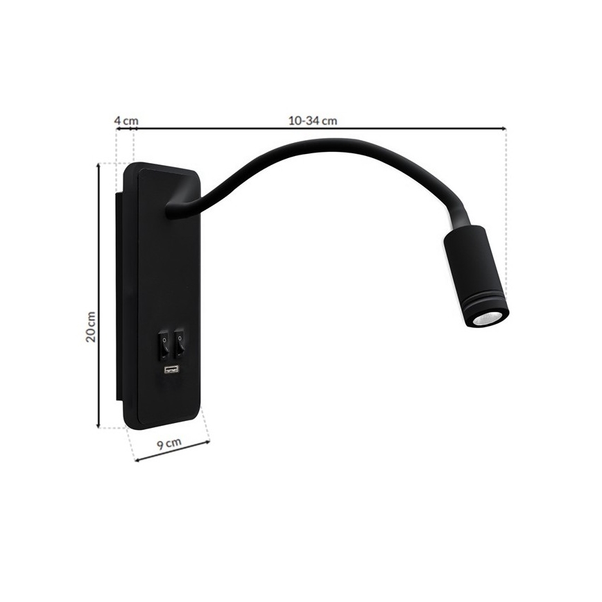 LED Flexibilná nástenná lampička s USB BASE 1xLED/8W+1xLED/2W/230V čierna