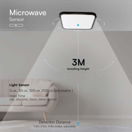 LED Kúpeľňové stropné svietidlo so senzorom LED/18W/230V 4000K IP44 29,5x29,5 cm čierna + diaľkové ovládanie