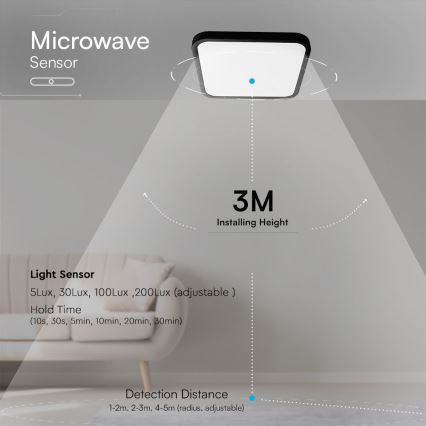 LED Kúpeľňové stropné svietidlo so senzorom SAMSUNG CHIP LED/36W/230V IP44 4000K 42x42 cm čierna + diaľkové ovládanie