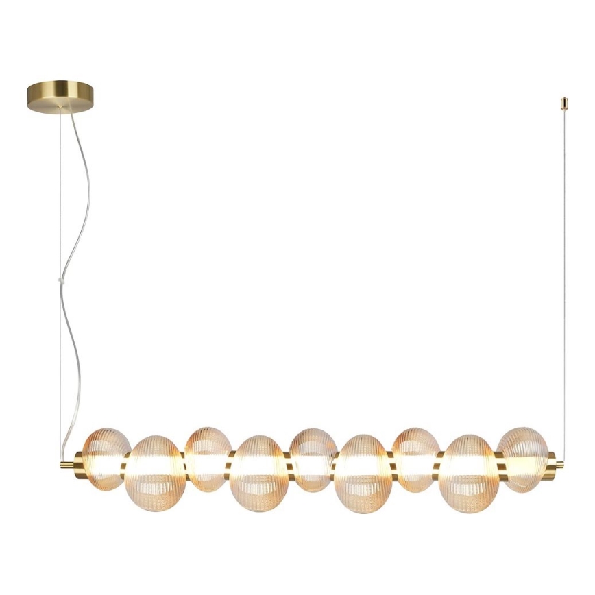 Závesné svietidlo s ôsmimi sklenenými guľami a zlatou kovovou tyčou visí zo stropu na dvoch kábloch. Guľové sklá sú priehľadné s jemnou ryhou. Svietidlo je umiestnené na bielom pozadí.