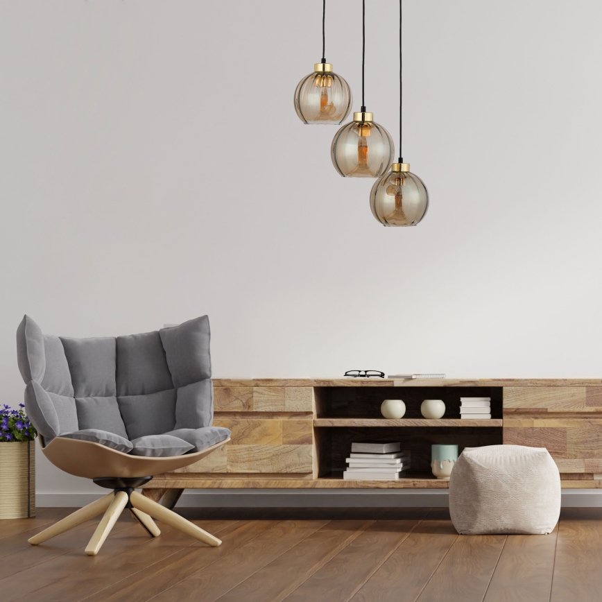 LED luster na lanku DEVI 3xE27/15W/230V čierna/dymová béžová