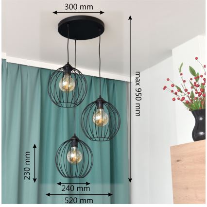 LED Luster na lanku MERCURE 3xE27/15W/230V ø 50 cm čierna